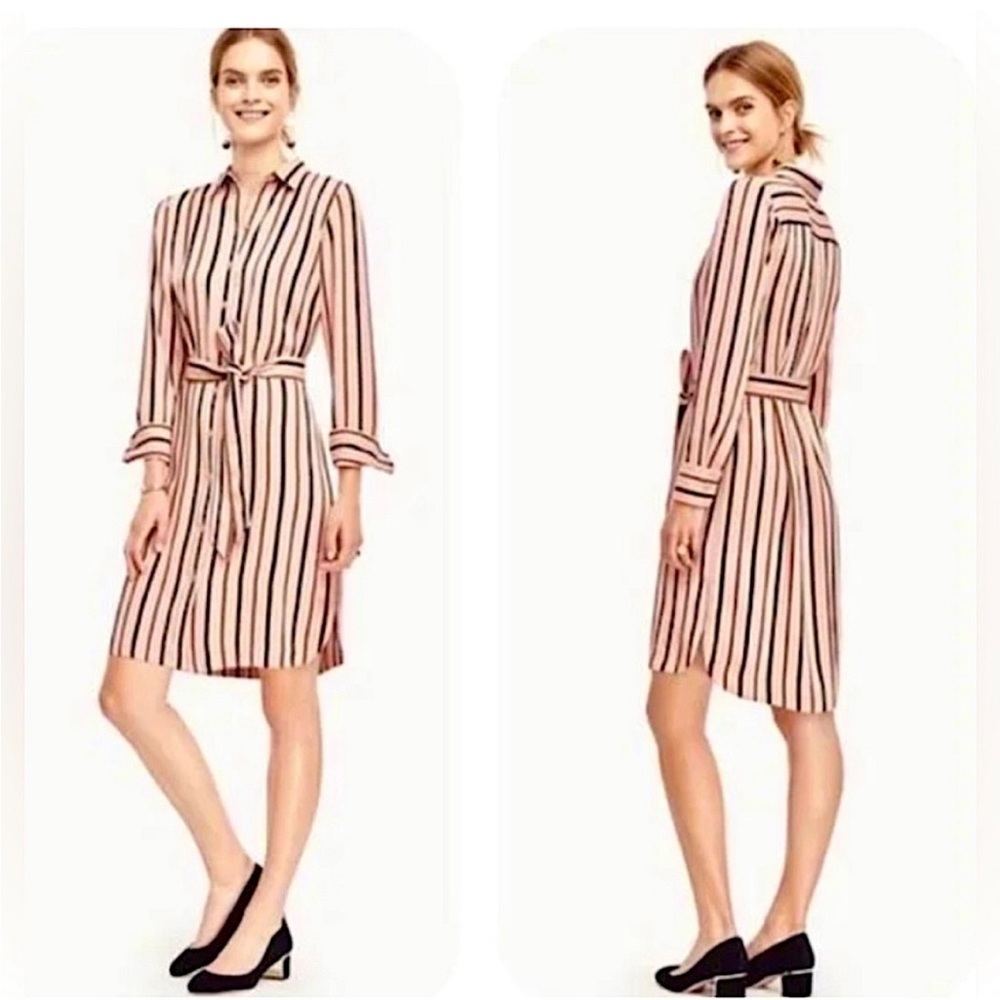 Ann Taylor Striped Collared Pink Long-Sleeve Shirt Dress Button-Down